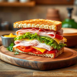 A beautifully arranged ham and cheese sandwich on a wooden cutting board, showcasing layers of thinly sliced ham, melted cheese, crisp lettuce, and ripe tomatoes