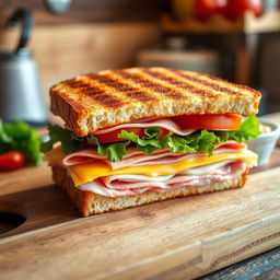 A beautifully arranged ham and cheese sandwich on a wooden cutting board, showcasing layers of thinly sliced ham, melted cheese, crisp lettuce, and ripe tomatoes