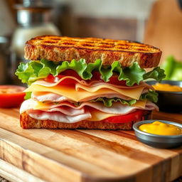 A beautifully arranged ham and cheese sandwich on a wooden cutting board, showcasing layers of thinly sliced ham, melted cheese, crisp lettuce, and ripe tomatoes