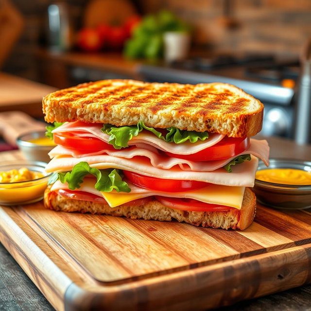 A beautifully arranged ham and cheese sandwich on a wooden cutting board, showcasing layers of thinly sliced ham, melted cheese, crisp lettuce, and ripe tomatoes