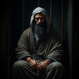 A depiction of a righteous man dressed in traditional Islamic attire from the early Islamic era, sitting in a dark prison cell