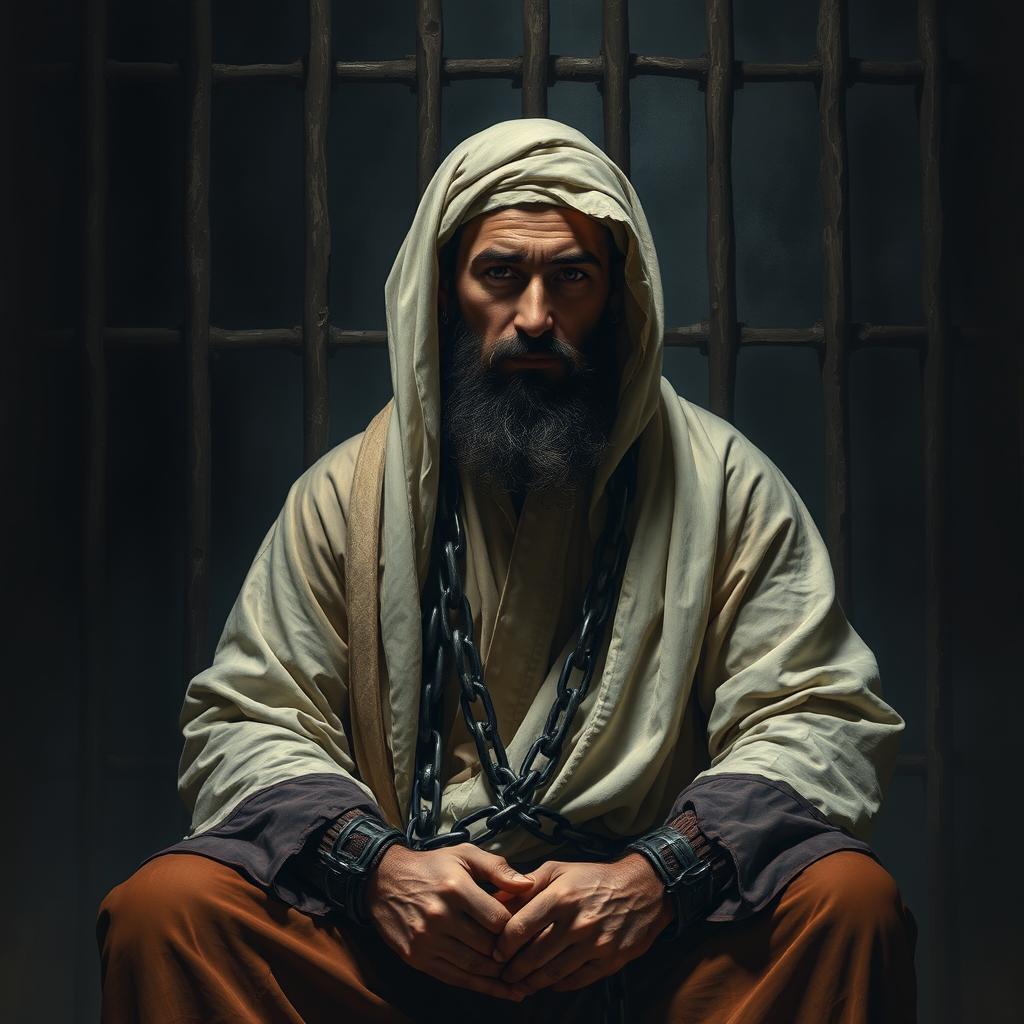 A depiction of a righteous man dressed in traditional Islamic attire from the early Islamic era, sitting in a dark prison cell