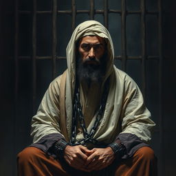 A depiction of a righteous man dressed in traditional Islamic attire from the early Islamic era, sitting in a dark prison cell