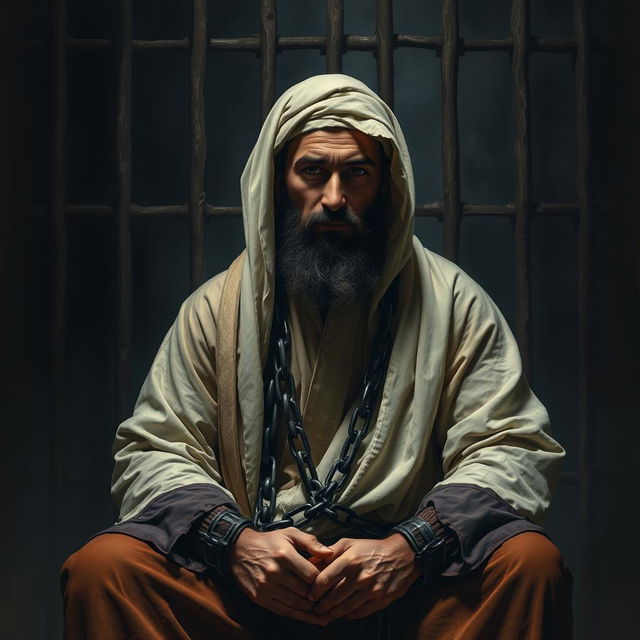 A depiction of a righteous man dressed in traditional Islamic attire from the early Islamic era, sitting in a dark prison cell