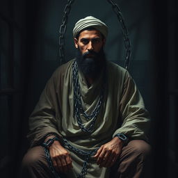 A depiction of a righteous man dressed in traditional Islamic attire from the early Islamic era, sitting in a dark prison cell