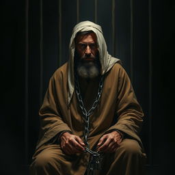 A depiction of a righteous man dressed in traditional Islamic attire from the early Islamic era, sitting in a dark prison cell