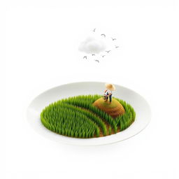 A minimalist image with a plain white background, featuring an oval white plate that contains a miniature rice paddy field, complete with realistic terraced rows of rice plants
