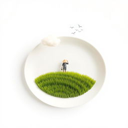 A minimalist image with a plain white background, featuring an oval white plate that contains a miniature rice paddy field, complete with realistic terraced rows of rice plants