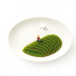 A minimalist image with a plain white background, featuring an oval white plate that contains a miniature rice paddy field, complete with realistic terraced rows of rice plants