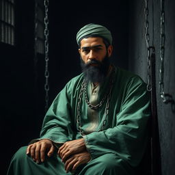 A righteous man dressed in green Islamic attire from the Islamic era, sitting in a dark prison cell with chains