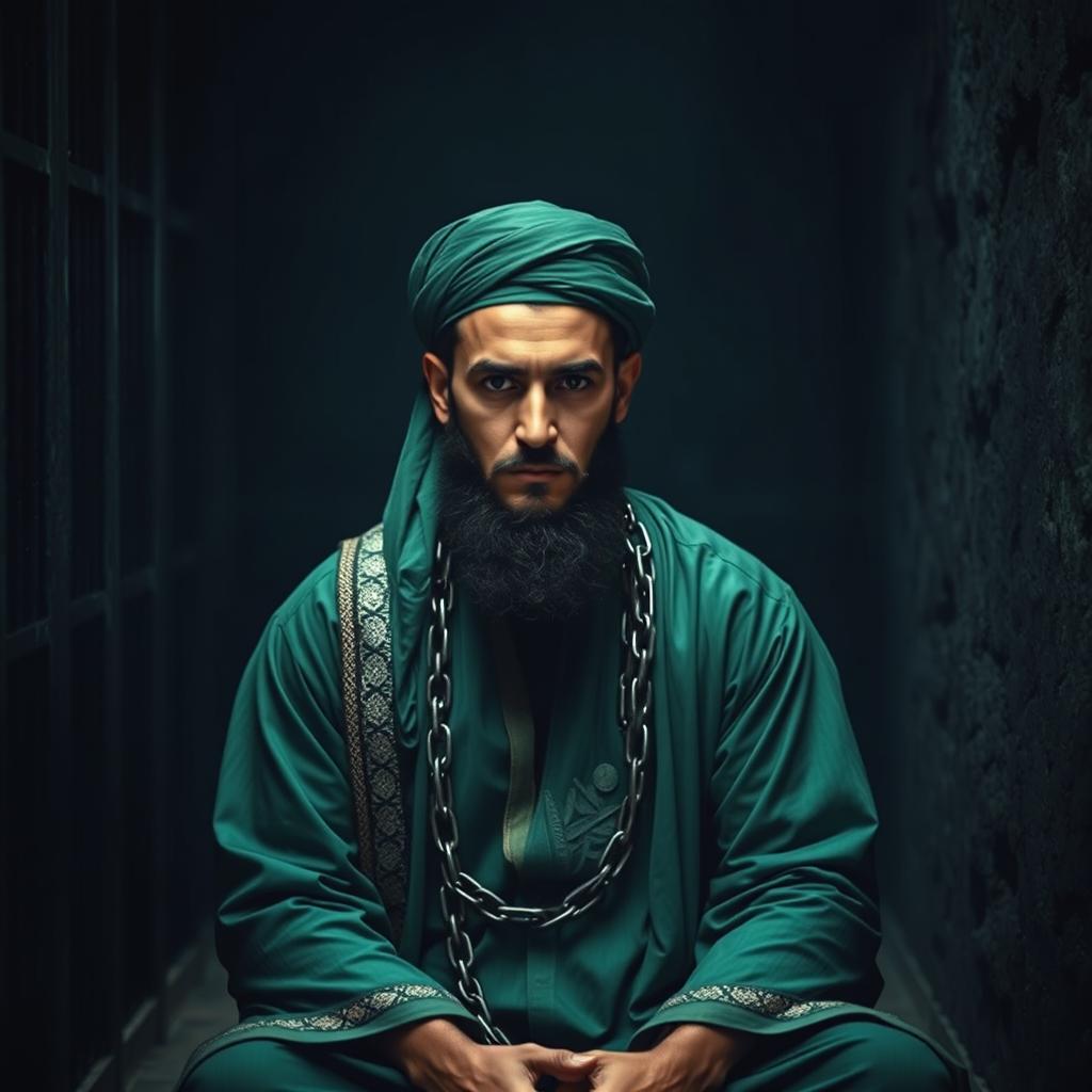 A righteous man dressed in green Islamic attire from the Islamic era, sitting in a dark prison cell with chains