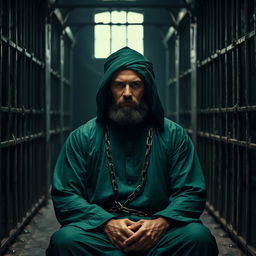 A righteous man dressed in green Islamic attire from the Islamic era, sitting in a dark prison cell with chains