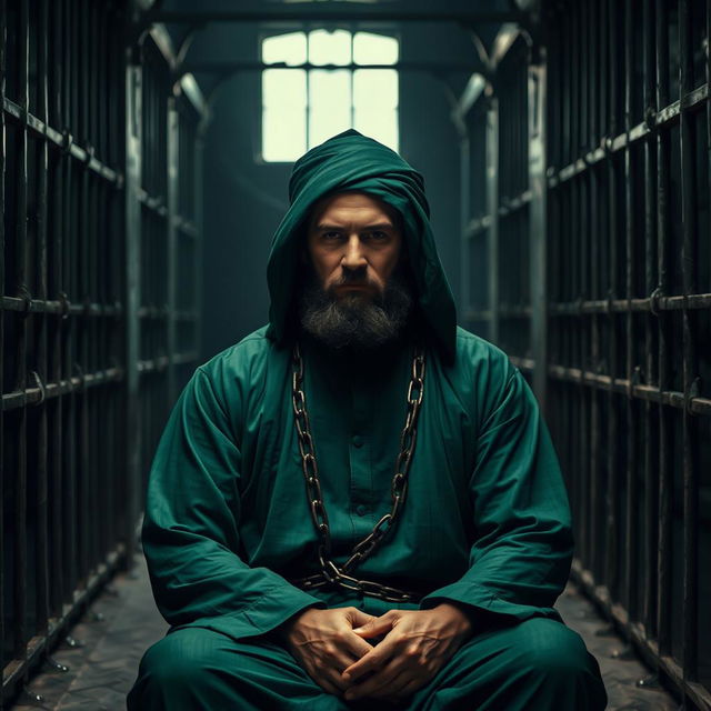 A righteous man dressed in green Islamic attire from the Islamic era, sitting in a dark prison cell with chains