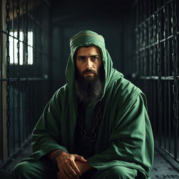 A righteous man dressed in green Islamic attire from the Islamic era, sitting in a dark prison cell with chains