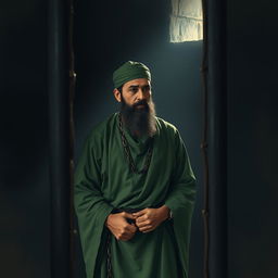 A pious man wearing green Islamic clothing from the early Islamic period, depicted in a dark prison cell