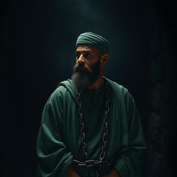 A pious man wearing green Islamic clothing from the early Islamic period, depicted in a dark prison cell