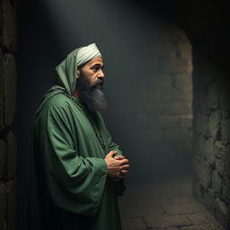 A pious man wearing green Islamic clothing from the early Islamic period, depicted in a dark prison cell