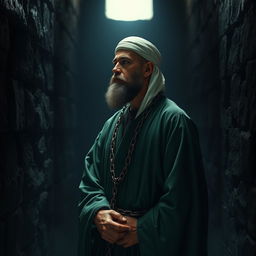 A pious man wearing green Islamic clothing from the early Islamic period, depicted in a dark prison cell