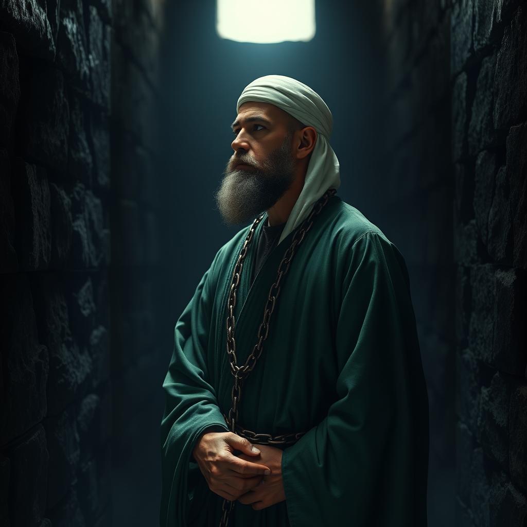 A pious man wearing green Islamic clothing from the early Islamic period, depicted in a dark prison cell
