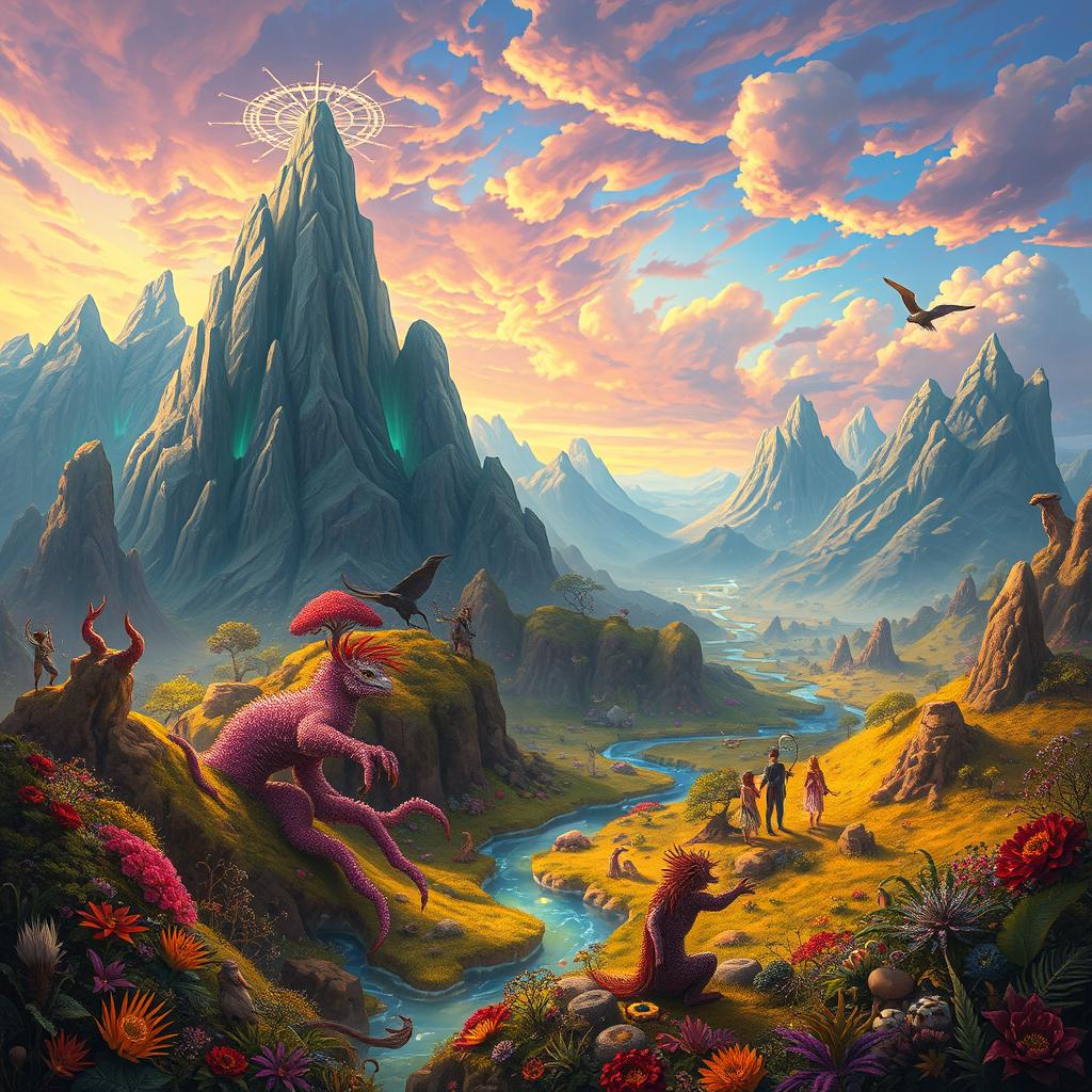 A vibrant and imaginative landscape inspired by the book 'Zetempes', featuring the mystical and diverse ecosystems described within