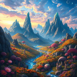 A vibrant and imaginative landscape inspired by the book 'Zetempes', featuring the mystical and diverse ecosystems described within