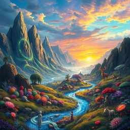 A vibrant and imaginative landscape inspired by the book 'Zetempes', featuring the mystical and diverse ecosystems described within