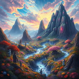 A vibrant and imaginative landscape inspired by the book 'Zetempes', featuring the mystical and diverse ecosystems described within