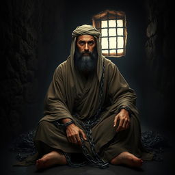 A noble character of a righteous man dressed in traditional Islamic attire from the early Islamic era, sitting alone in a dark, oppressive prison cell
