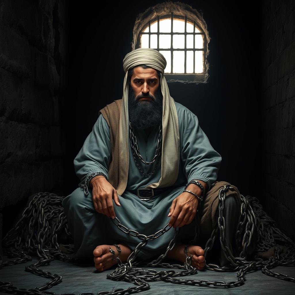 A noble character of a righteous man dressed in traditional Islamic attire from the early Islamic era, sitting alone in a dark, oppressive prison cell