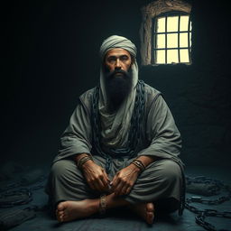 A noble character of a righteous man dressed in traditional Islamic attire from the early Islamic era, sitting alone in a dark, oppressive prison cell