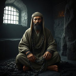 A noble character of a righteous man dressed in traditional Islamic attire from the early Islamic era, sitting alone in a dark, oppressive prison cell