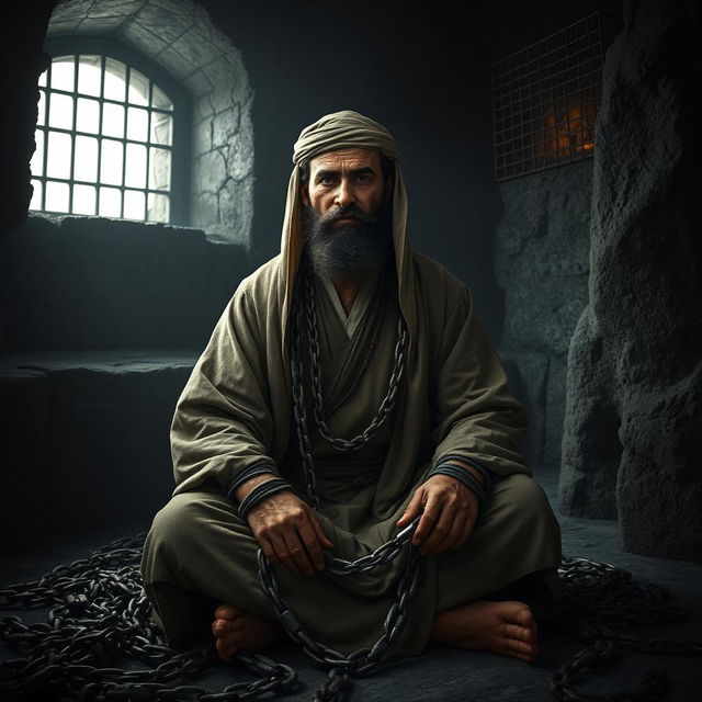 A noble character of a righteous man dressed in traditional Islamic attire from the early Islamic era, sitting alone in a dark, oppressive prison cell