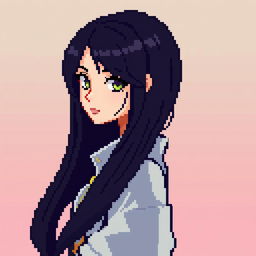 A pixel art portrait of a female character featuring long, flowing black hair