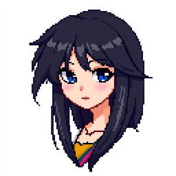 A pixel art portrait of a female character featuring long, flowing black hair