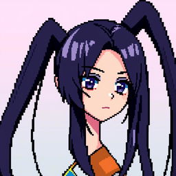 A pixel art portrait of a female character featuring long, flowing black hair