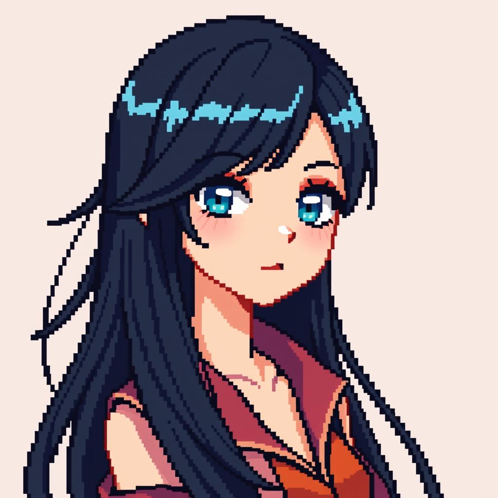 A pixel art portrait of a female character featuring long, flowing black hair