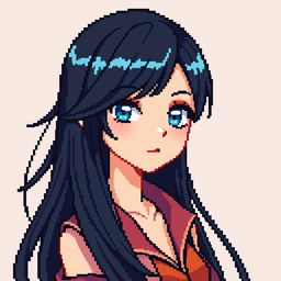A pixel art portrait of a female character featuring long, flowing black hair