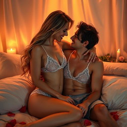 A passionate and intimate scene between a couple in a warm, softly lit room that suggests romance and connection
