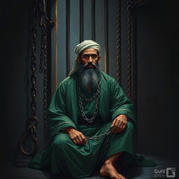 A depiction of a righteous man in traditional Islamic attire, wearing green clothing reminiscent of the era of Islam, seated in a dark prison cell