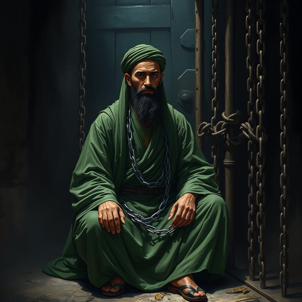 A depiction of a righteous man in traditional Islamic attire, wearing green clothing reminiscent of the era of Islam, seated in a dark prison cell