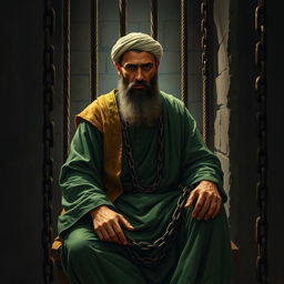A depiction of a righteous man in traditional Islamic attire, wearing green clothing reminiscent of the era of Islam, seated in a dark prison cell