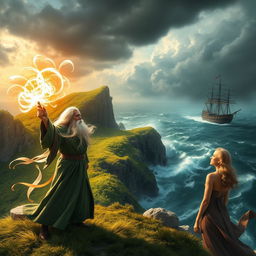 A fantastical scene inspired by Shakespeare's "The Tempest", depicting a mystical island with lush greenery, rocky cliffs, and a stormy sky