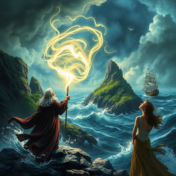 A fantastical scene inspired by Shakespeare's "The Tempest", depicting a mystical island with lush greenery, rocky cliffs, and a stormy sky