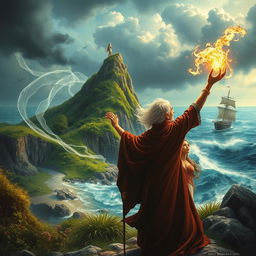 A fantastical scene inspired by Shakespeare's "The Tempest", depicting a mystical island with lush greenery, rocky cliffs, and a stormy sky