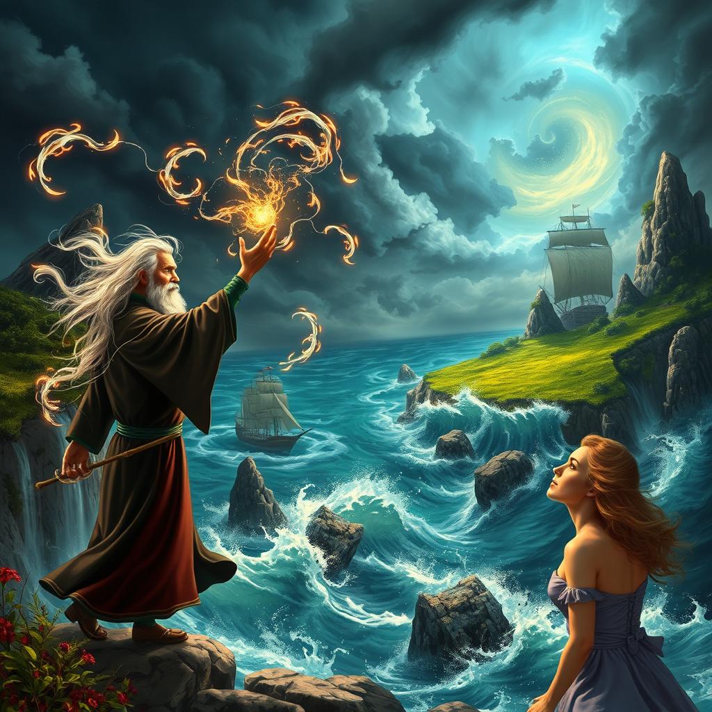 A fantastical scene inspired by Shakespeare's "The Tempest", depicting a mystical island with lush greenery, rocky cliffs, and a stormy sky