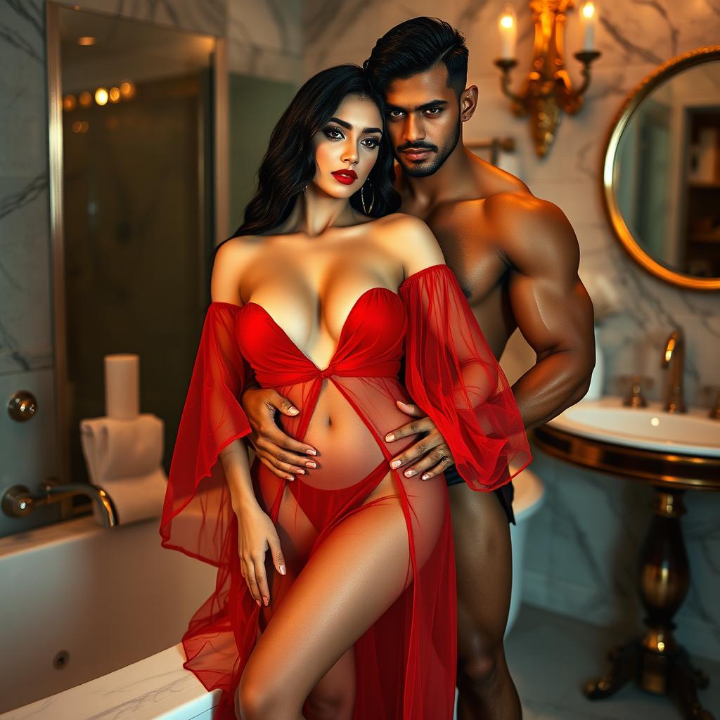 A full-length intimate and steamy couple photoshoot showcasing a stunning 22-year-old Arab woman, exuding beauty and allure, dressed in a transparent red open gown that elegantly reveals her sexy curves