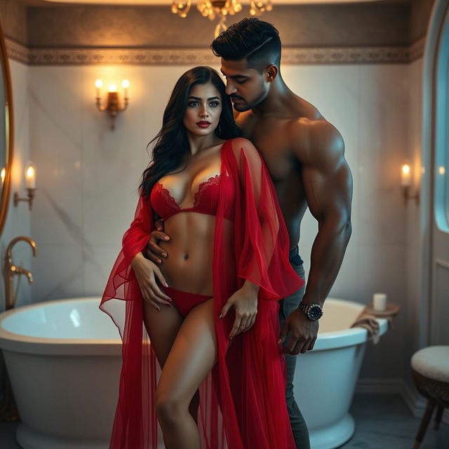 A full-length intimate and steamy couple photoshoot showcasing a stunning 22-year-old Arab woman, exuding beauty and allure, dressed in a transparent red open gown that elegantly reveals her sexy curves