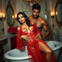 A full-length intimate and steamy couple photoshoot showcasing a stunning 22-year-old Arab woman, exuding beauty and allure, dressed in a transparent red open gown that elegantly reveals her sexy curves