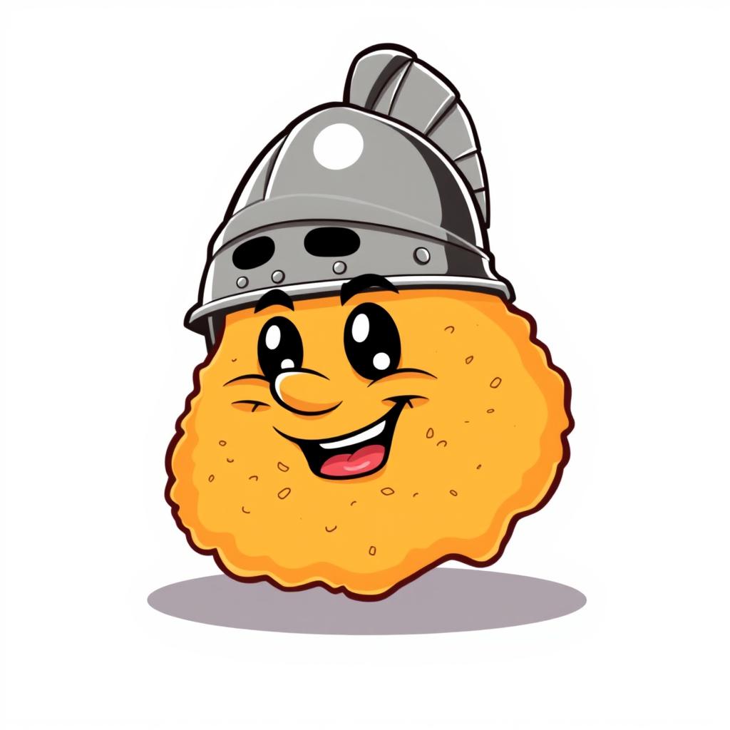 A cartoon-style schnitzel, humorously wearing a shiny war helmet