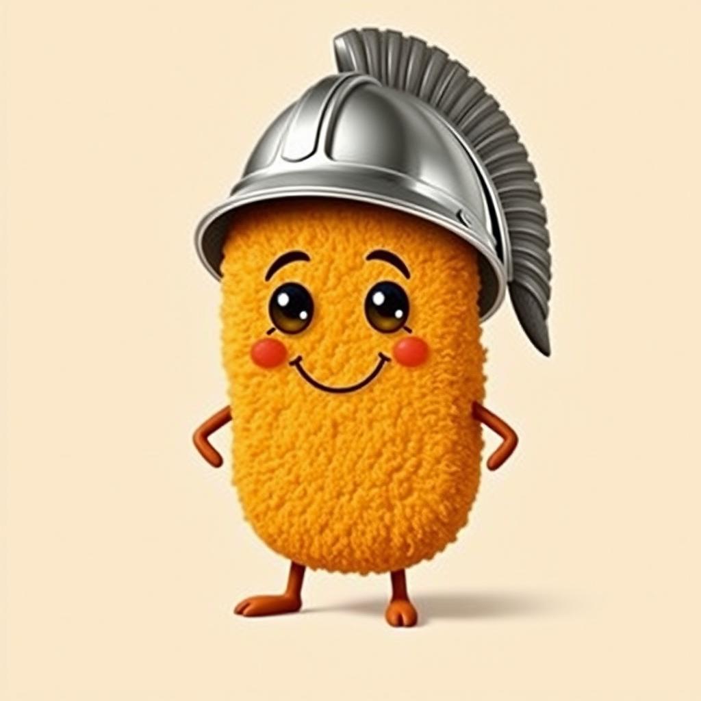 An amusing and whimsical schnitzel character, playfully wearing a war helmet, set against a very plain, minimalistic background